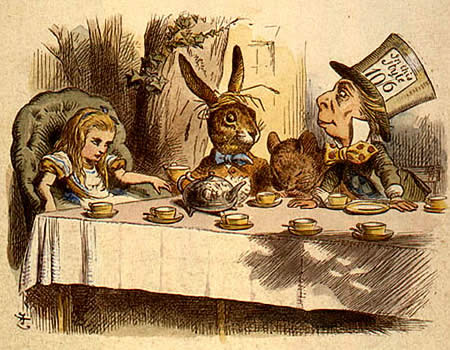 A scene from Alice in Wonderland. The Mad Hatter sitting at the table with Alice, the Dormouse and the March Hare. This is an illustration by Sir John Tenniel from the 1865 edition of Alice's Adventures in Wonderland.